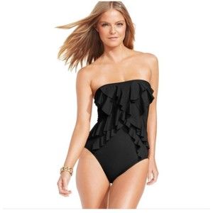 Michael Kors Mio One Piece Flutter Front Bandeau Swimsuit Women's 8 Black Ruffle